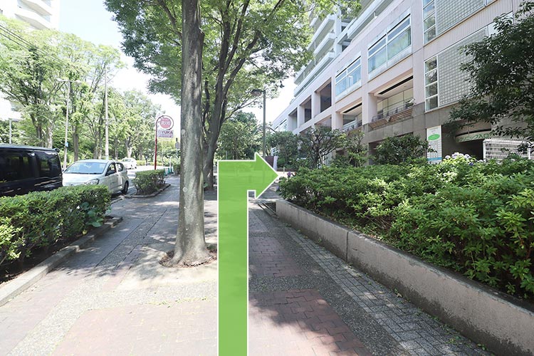 少し進んだ先を右へ曲がると、当院が入っている建物がございます。